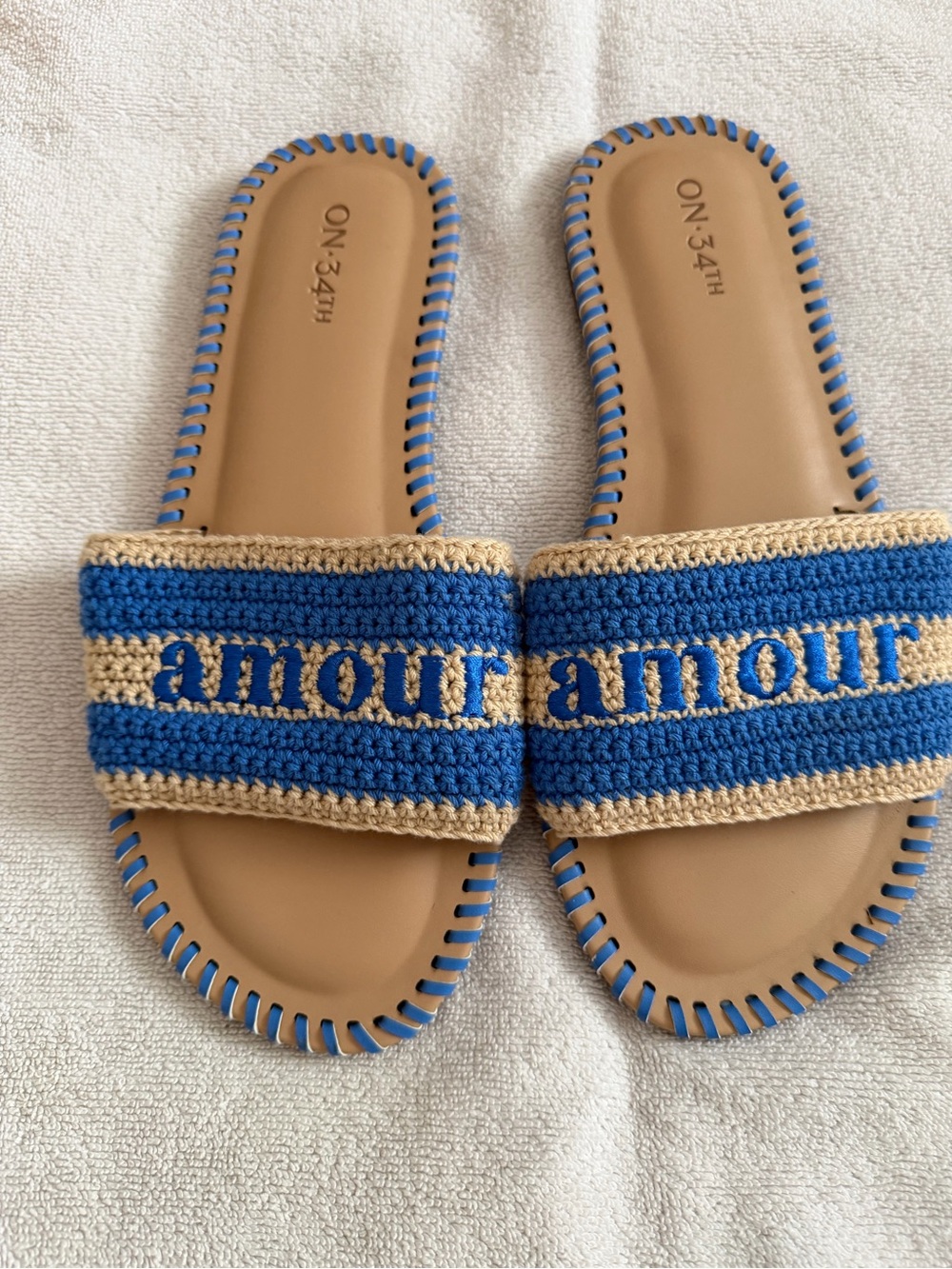 Blue and Tan Crochet 'Amour' Slide Sandals - Women